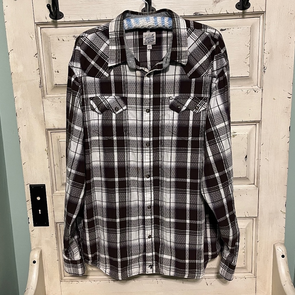 Moon Shine Spirit by Brad Paisley Mens Dark Brown/White Plaid Shirt Size XXL - Picture 1 of 11